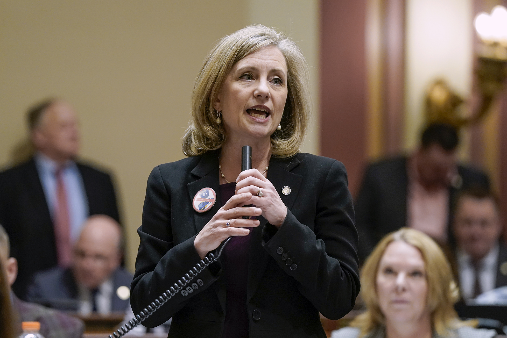 Rep. Kristin Robbins presents HF14 on the House Floor Feb. 24. The bill would establish a temporary moratorium on certain light rail transit expenditures. (Photo by Michele Jokinen)